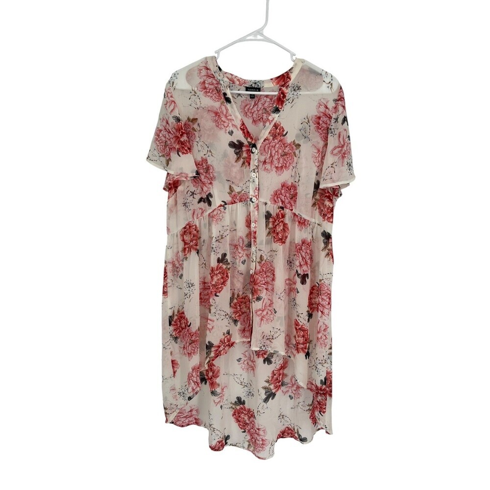 Torrid Tunic Blouse Women's Size 1X Sheer Floral High Low Button Cottagecore
